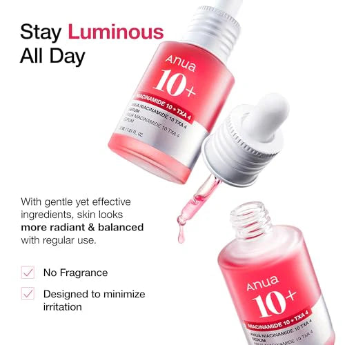 Anua Niacinamide TXA serum texture swatch.
Anua 10+ Hyaluronic Acid Serum shown in two pink dropper bottles on a white background with promotional text and checkmarks.