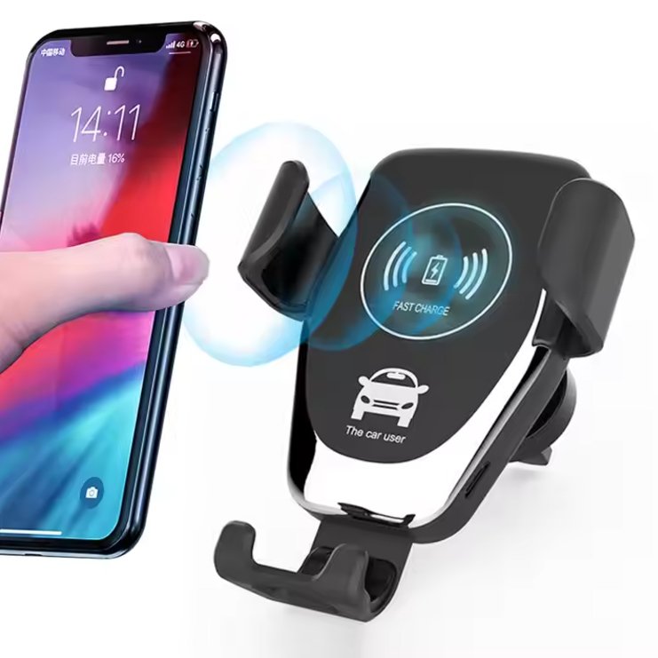 Auto clamping wireless car charger by My Store 5, 15W fast Qi charger and phone holder for iPhone and Android devices.