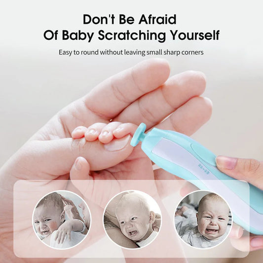 Baby safety product with text about a safe baby nail trimmer with gentle electric filing system