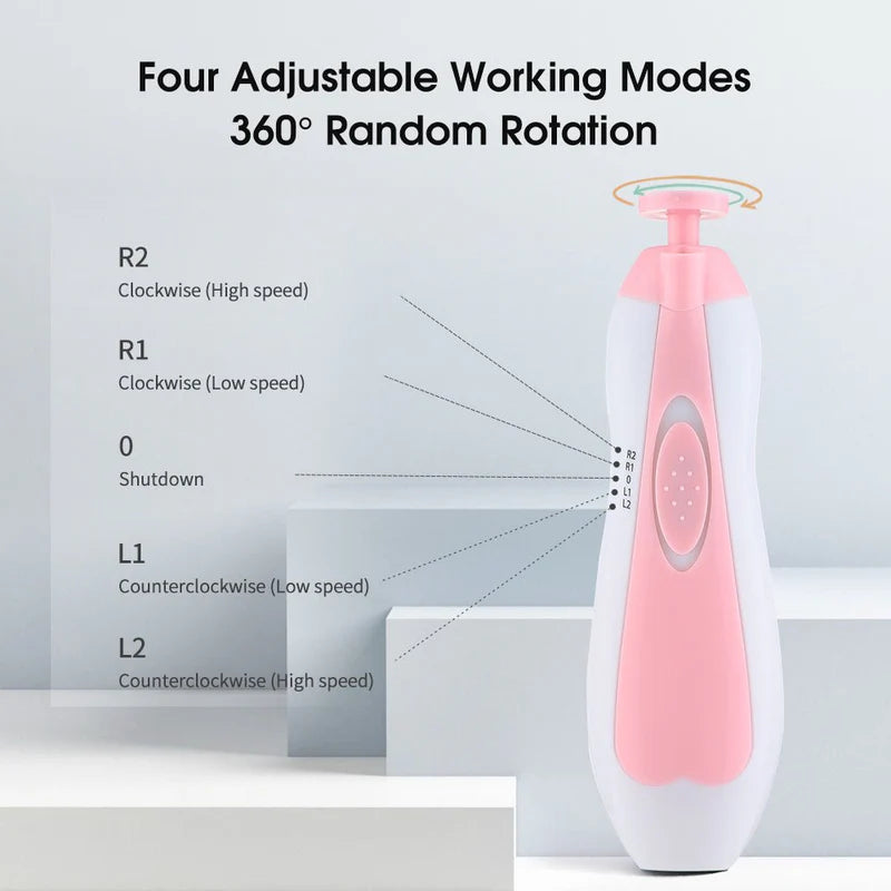 Electric nail trimmer for babies with mode indicators on a gray background