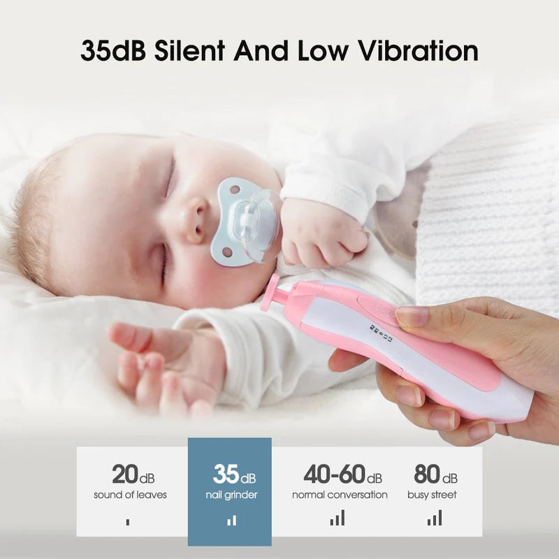 Baby sleeping with a pacifier, held by a hand, using an electric baby nail trimmer for newborns and toddlers, with Vibration level indicators displayed.