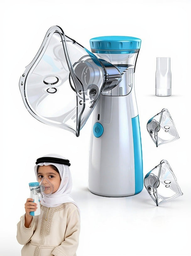 A Medical Device (Nebulizer) with a clear face mask attachment, blue top cap, and white body, shown on a white background with multiple mask views, a small bottle, and a child using the nebulizer. A Chlidren take Nublize shown in the image as a Review.