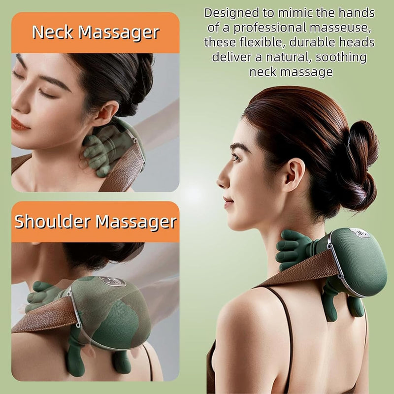 A neck and shoulder massager shown on a woman's neck and shoulder, with inset close-ups labeled 'Neck Massager' and 'Shoulder Massager' and descriptive text on a pale green background.
