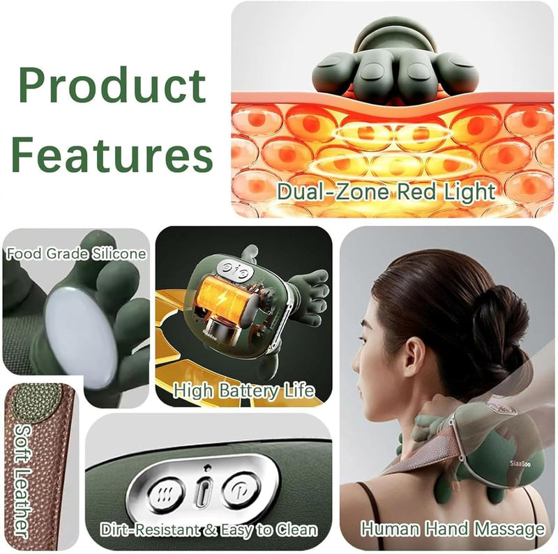 A product collage for a neck and shoulder massager showing multiple feature callouts: a close-up of the device head, a dual-zone red light diagram, food-grade silicone texture, leather strap detail, control buttons, and a woman receiving the massage. Text reads Product Features, Dual-Zone Red Light, Food Grade Silicone, High Battery Life, Dirt-Resistant & Easy to Clean, and Human Hand Massage.