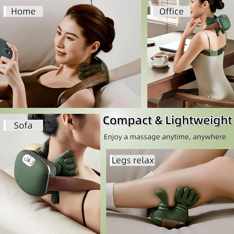 A collage showing a green and brown neck and shoulder massage pillow in use on a couch, at an office desk, on a sofa, and on legs. Text overlays read 'Home', 'Office', 'Sofa', 'Compact & Lightweight', and 'Enjoy a massage anytime, anywhere'.