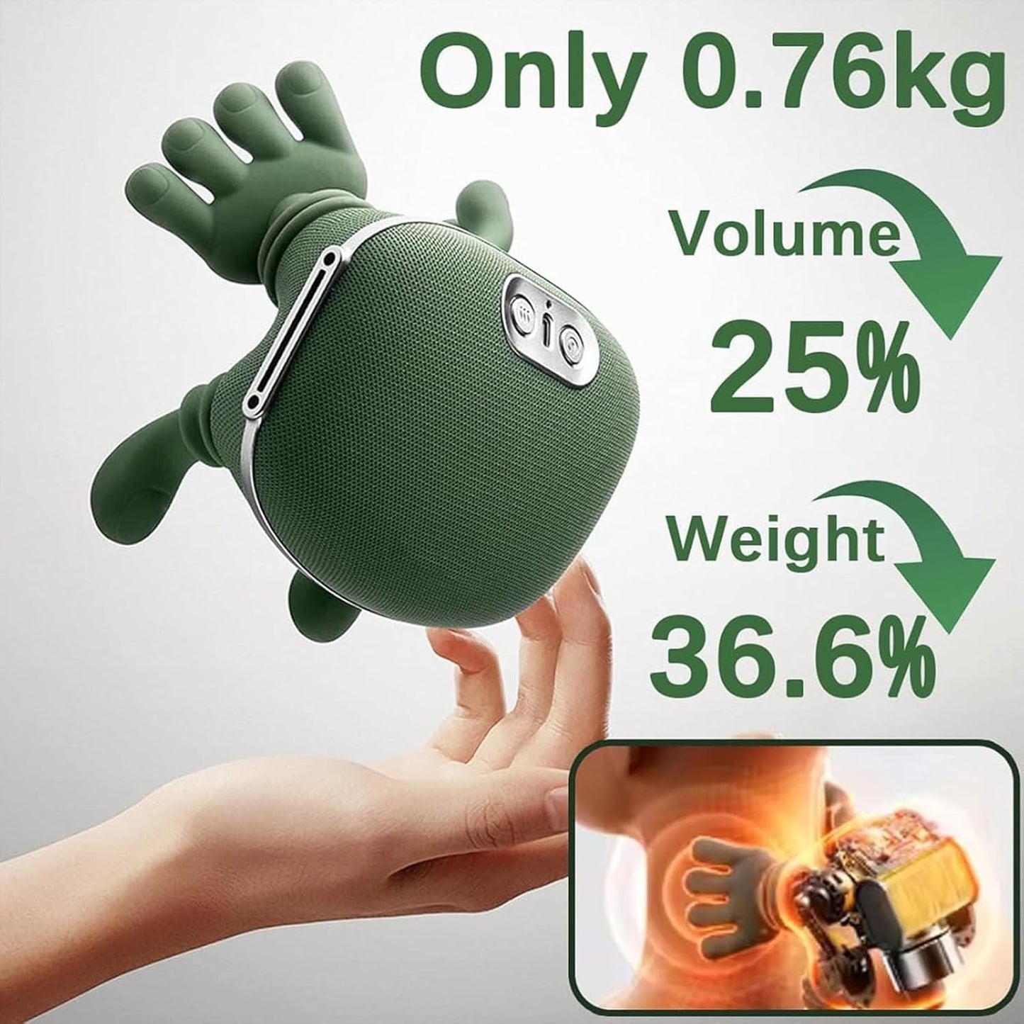 A green portable neck massager for muscle pain relief is held in a hand with weight and volume information displayed.