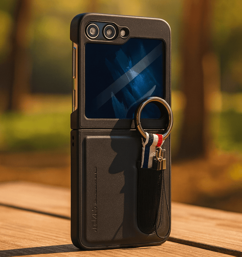 Smart Ring Wallet Case for Samsung Flip 6, 5 in black, featuring a built-in ring holder and card slots for flip phone protection.