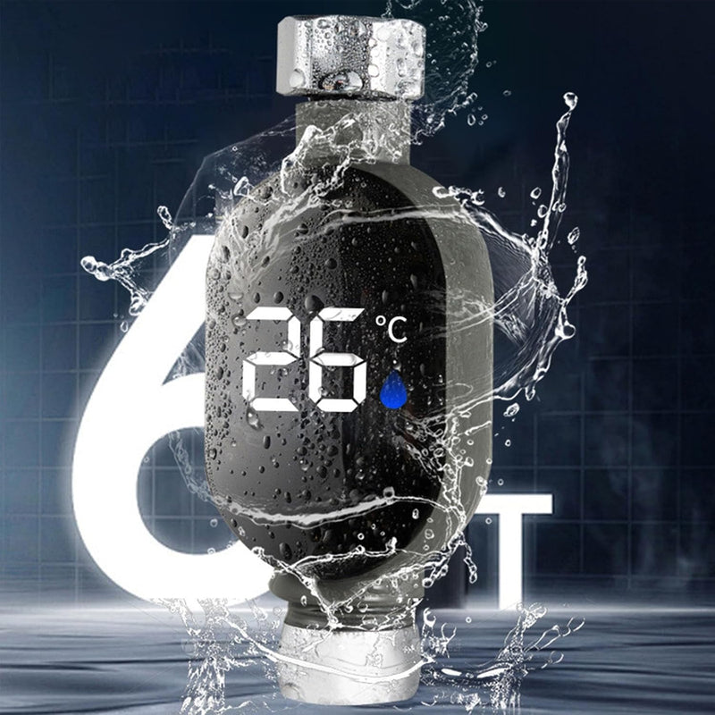 Durable and waterproof inline digital water temperature meter surrounded by active water splashes