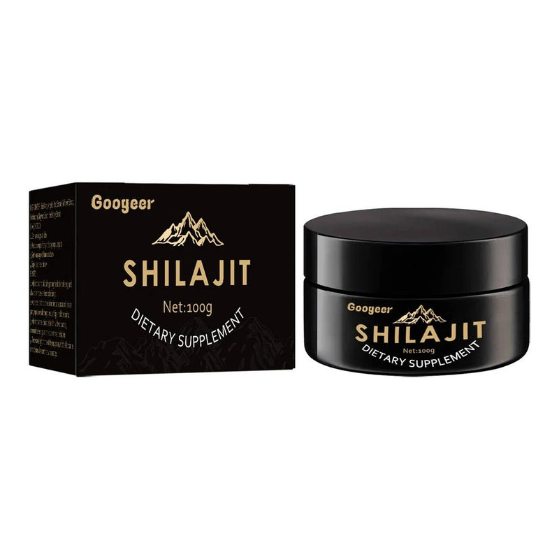 Googeer Pure Himalayan Shilajit Resin 100g jar showing official premium gold embossed branding on sleek black packaging box.
