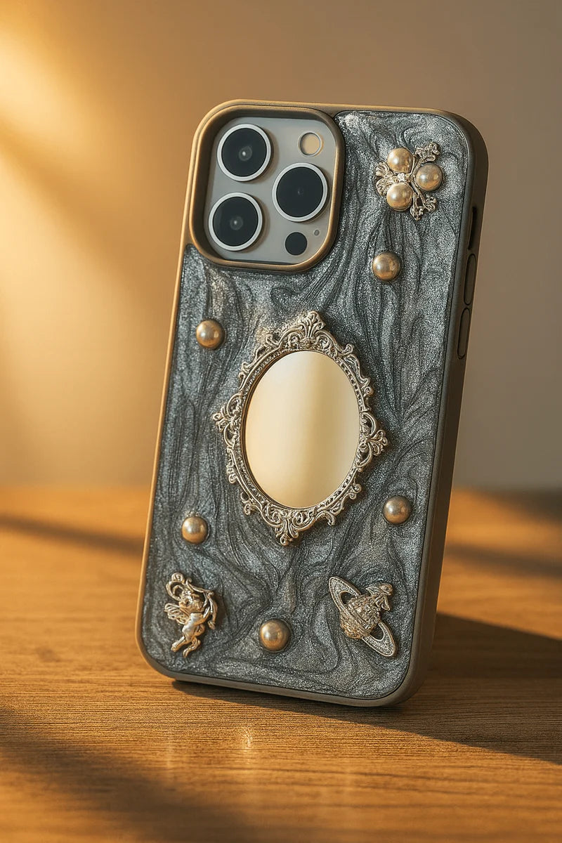 Decorative iPhone case with mirorr ornate design on a wooden surface