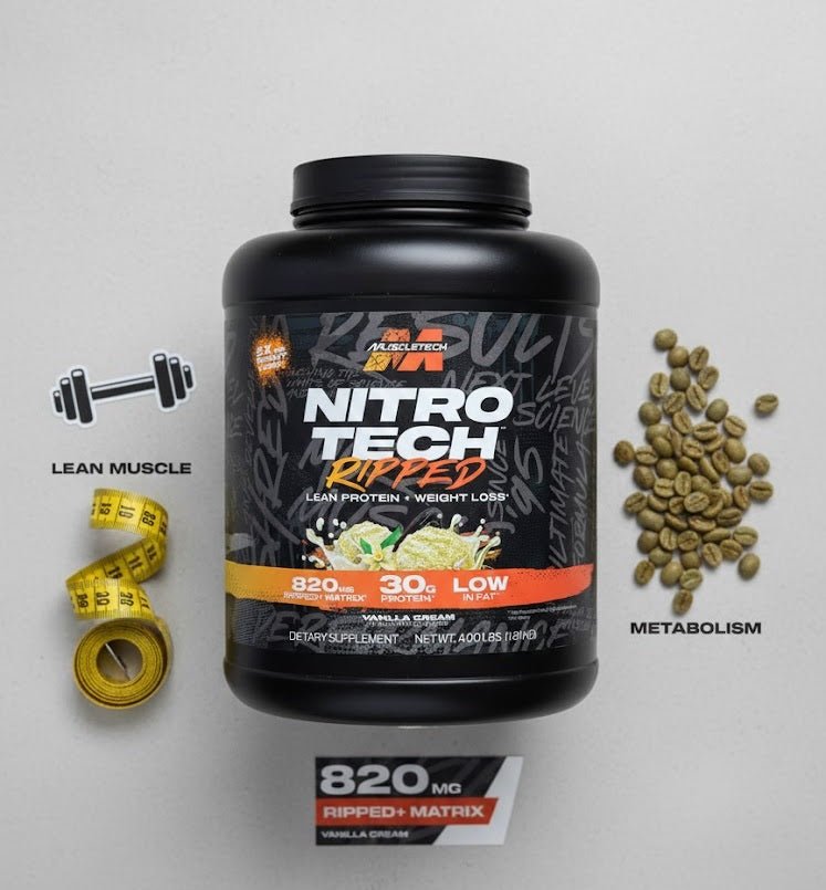 A flat-lay display featuring a tub of Muscle Tech Nitro-Tech Ripped, green coffee beans, a measuring tape, and a dumbbell icon, highlighting key fitness and weight loss benefits.