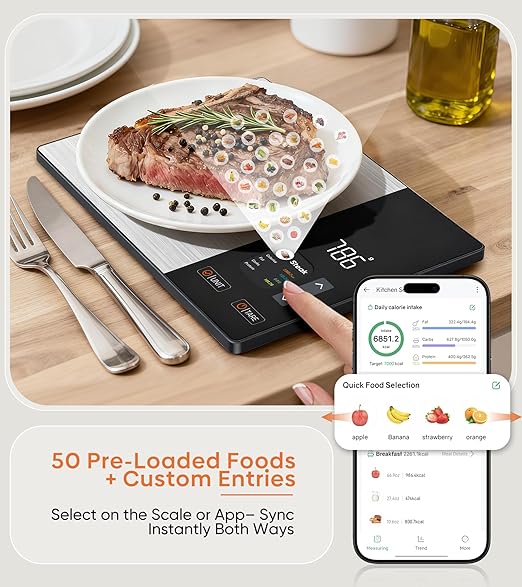 Finger tapping the interactive display of a smart digital kitchen scale weighing a steak