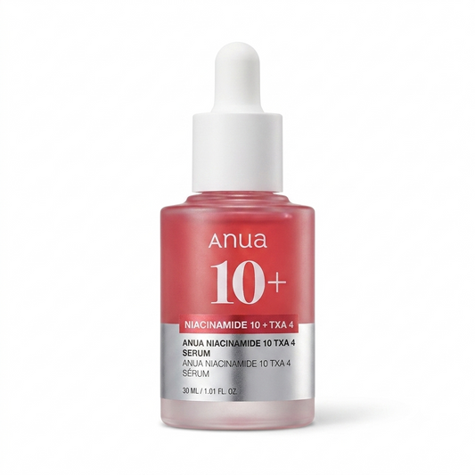 Anua Niacinamide 10% TXA 4% Serum 30ml bottle
Anua 10+ Serum in a frosted glass bottle with a white dropper cap, showing a pinkish-red liquid inside, on a white background.