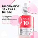 Anua Niacinamide 10 + TXA 4 Serum bottle with a pink and white label, shown on a white background with pink liquid droplets and promotional text.