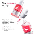 Anua Niacinamide TXA serum texture swatch.
Anua 10+ Hyaluronic Acid Serum shown in two pink dropper bottles on a white background with promotional text and checkmarks.