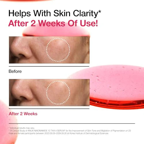 Anua dark spot corrector serum ingredients close-up.
Promotional graphic for a skincare serum claiming it helps with skin clarity after 2 weeks of use. The image features a close-up before-and-after comparison of a person's cheek with a dotted circle highlighting smoother skin, alongside a pink liquid gel sample in a clear dropper container.