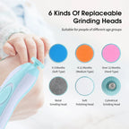 Baby nail grinder with 6 types of replaceable grinding heads shown on a white background.