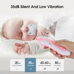 Baby sleeping with a pacifier, held by a hand, using an electric baby nail trimmer for newborns and toddlers, with Vibration level indicators displayed.