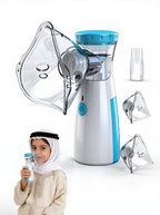 A Medical Device (Nebulizer) with a clear face mask attachment, blue top cap, and white body, shown on a white background with multiple mask views, a small bottle, and a child using the nebulizer. A Chlidren take Nublize shown in the image as a Review.