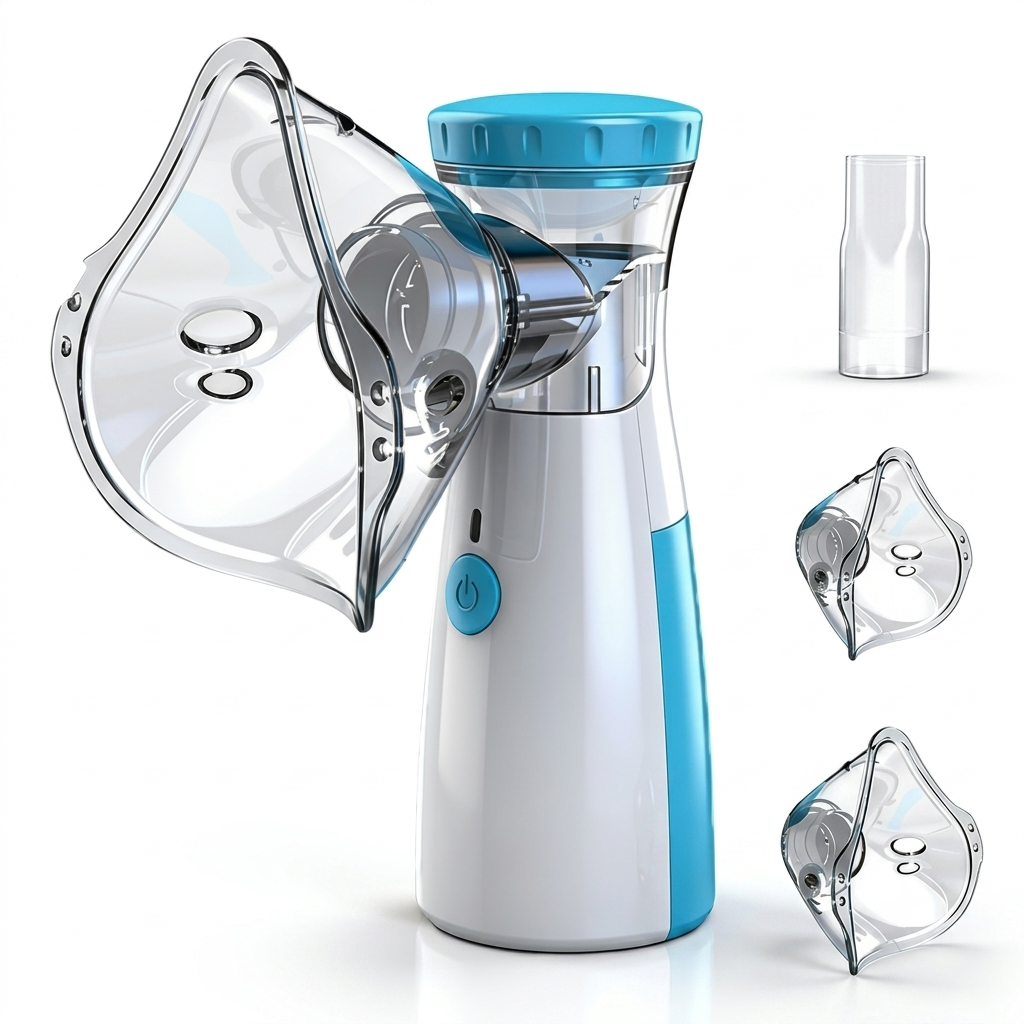 A Mini Air 360+ Lightweight Portable Mesh  Nebulizer device with a clear face mask attachment, shown on a white background with three interchangeable mask tips and a small clear bottle accessory.