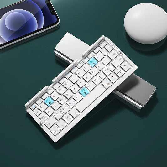 Mini folding Bluetooth wireless keyboard with stand, supports 3 devices, rechargeable, ideal for phone and tablet use.