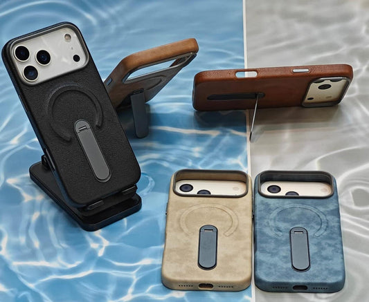 Luxury leather MagSafe case with ring kickstand for iPhone, featuring sleek design and durable craftsmanship.