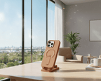 Light brown luxury leather MagSafe case with ring kickstand for iPhone, showing the sleek design and secure attachment.