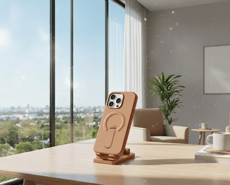 Light brown luxury leather MagSafe case with ring kickstand for iPhone, showing the sleek design and secure attachment.