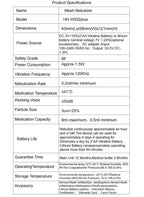 A product specification table for a Nebulizer, showing details such as model HH-V302plus, dimensions, power source, safety, power consumption, vibration frequency, nebulization rate, medication temperature, working voice, particle size, medication capacity, battery life, guarantee time, operating temperature, storage temperature, and accessories.