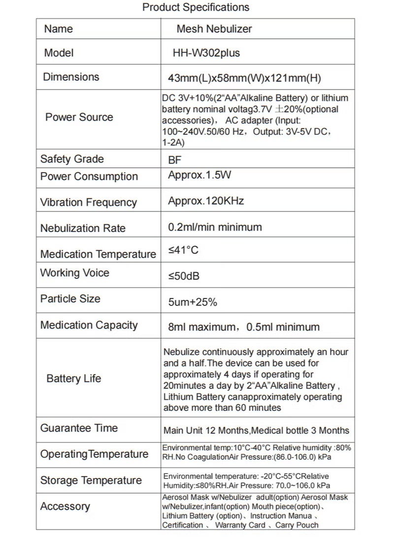 A product specification table for a Nebulizer, showing details such as model HH-V302plus, dimensions, power source, safety, power consumption, vibration frequency, nebulization rate, medication temperature, working voice, particle size, medication capacity, battery life, guarantee time, operating temperature, storage temperature, and accessories.