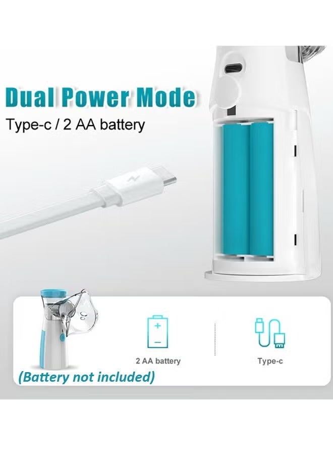 A white dual power mode Portable Mesh Nebulizer – Quiet Respiratory Therapy for Asthma & COPD, shown with a Type-c cable and two AA batteries inside a transparent side panel. Text reads 'Dual Power Mode' and 'Type-c / 2 AA battery.