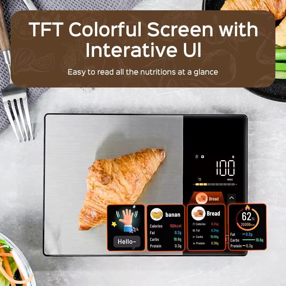 Smart kitchen scale with interactive TFT color screen displaying macro breakdown for a croissant