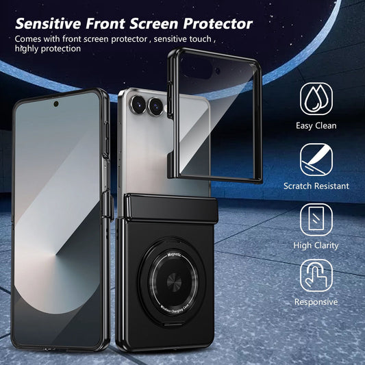 Samsung Galaxy Flip & Fold magnetic ring kickstand case with tempered glass from My Store 5, showing the black protective cover and kickstand feature.