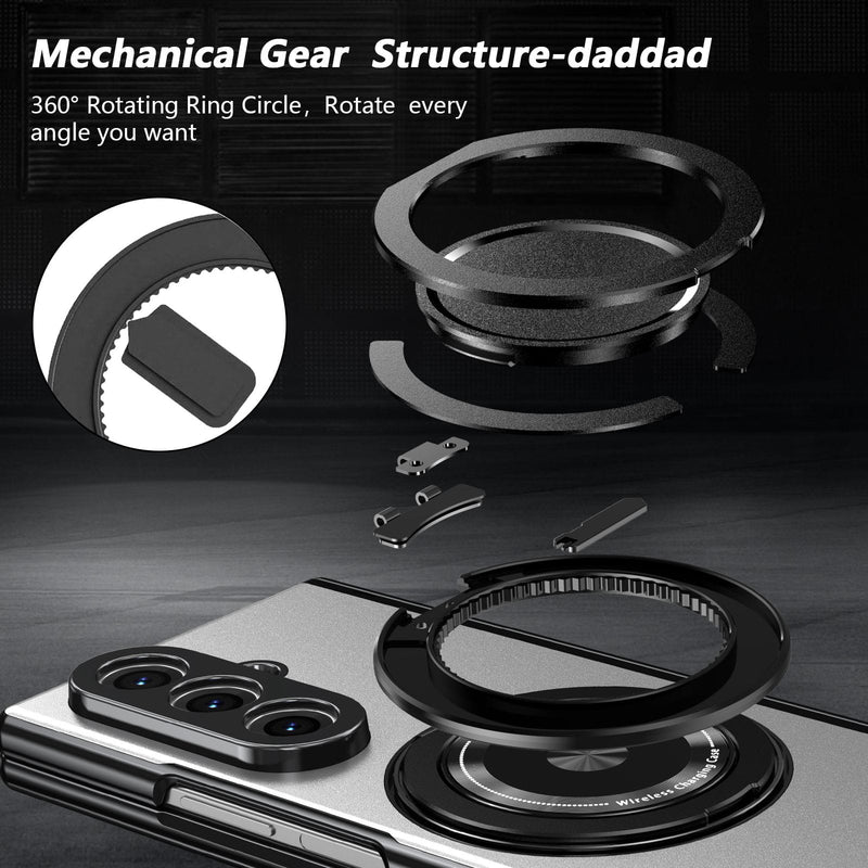 Samsung Galaxy Flip & Fold magnetic ring kickstand case with tempered glass, black protective phone cover with stand feature.