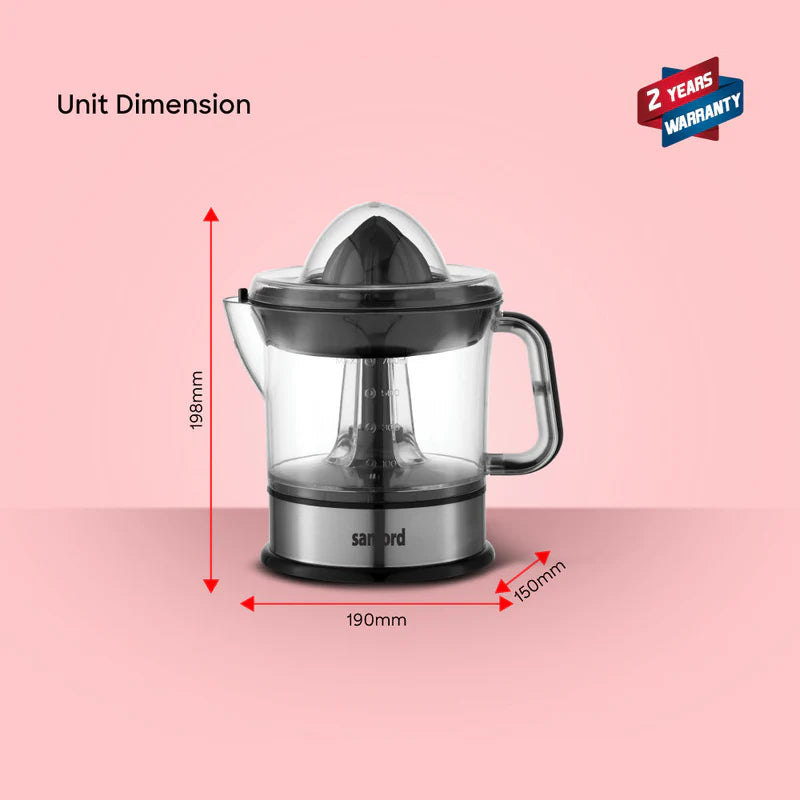 Sanford adjustable pulp citrus juicer with anti-slip base and dust cover, ideal for fresh juice extraction in a home kitchen.