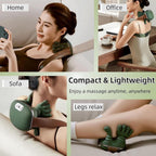 A collage showing a green and brown neck and shoulder massage pillow in use on a couch, at an office desk, on a sofa, and on legs. Text overlays read 'Home', 'Office', 'Sofa', 'Compact & Lightweight', and 'Enjoy a massage anytime, anywhere'.