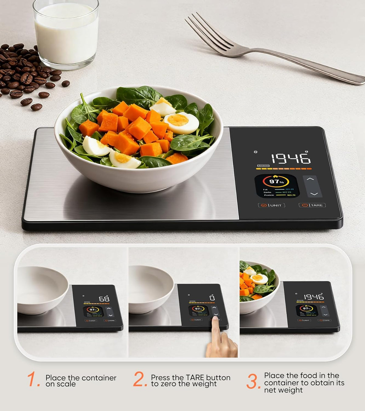 Step by step guide showing how to use the TARE button on a stainless steel kitchen scale