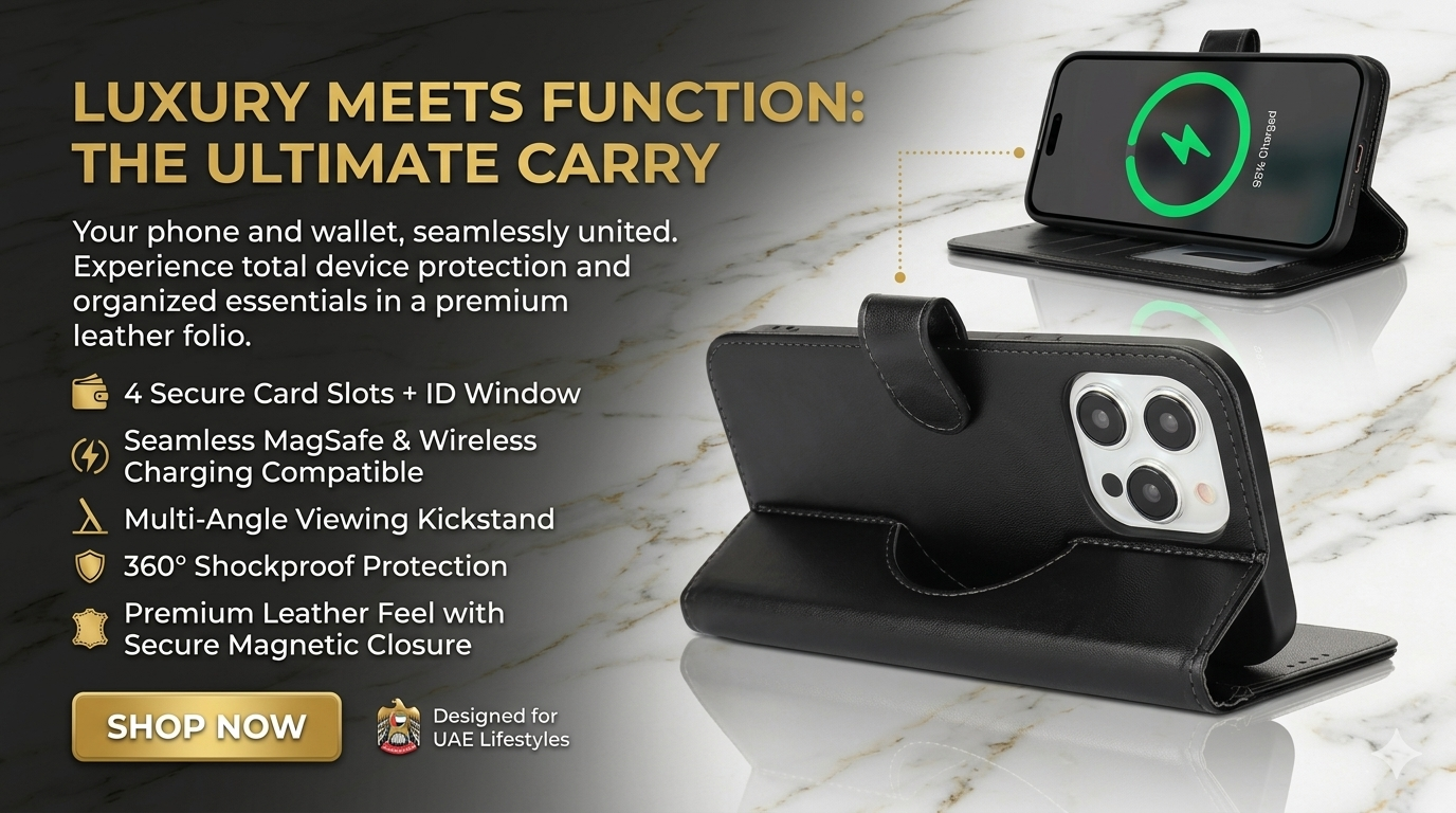 Black phone case with phone on top, featuring text about product features and a 'Shop Now' button.