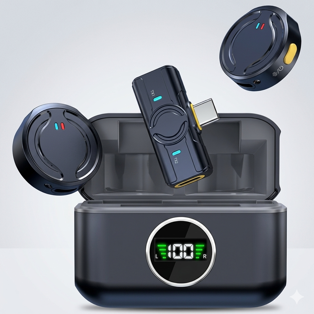 Wireless Microphone with Charging Cabin for iPhone and Android.
Dual wireless microphone with digital charging display.
Portable wireless mic for content creators UAE.
Clip-on wireless microphone for TikTok and YouTube.
Rechargeable wireless microphone with noise reduction.