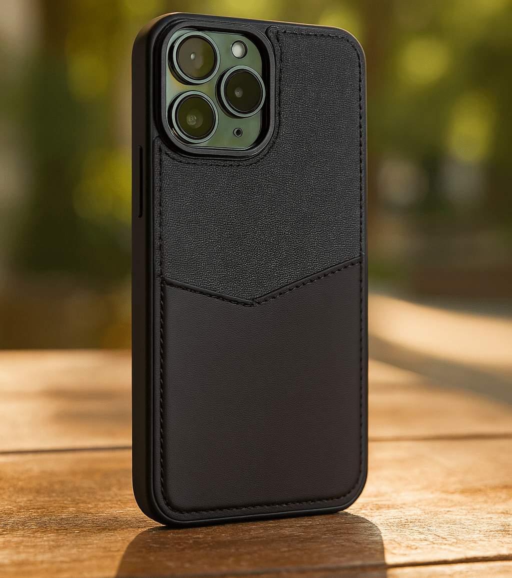 Black Dual-Tone Fabric & PU Leather Case for iPhone 14 Pro Max | 13,15 & 16 Pro Max on a wooden surface with a blurred natural background