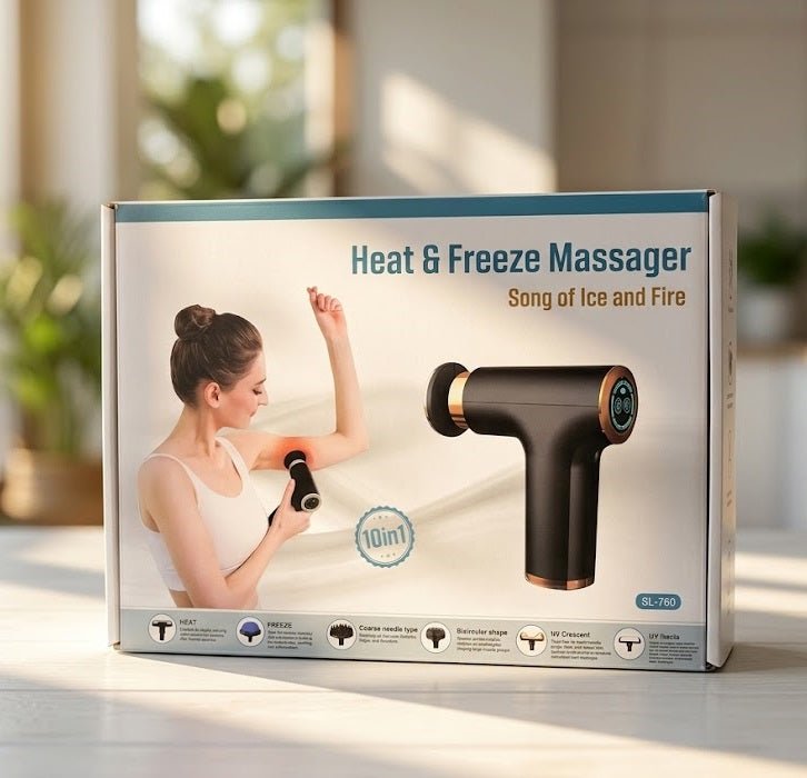 Muscle Massage Gun FH-820 retail packaging box by BUY EMIR featuring heat and freeze therapy with 4 massage heads.